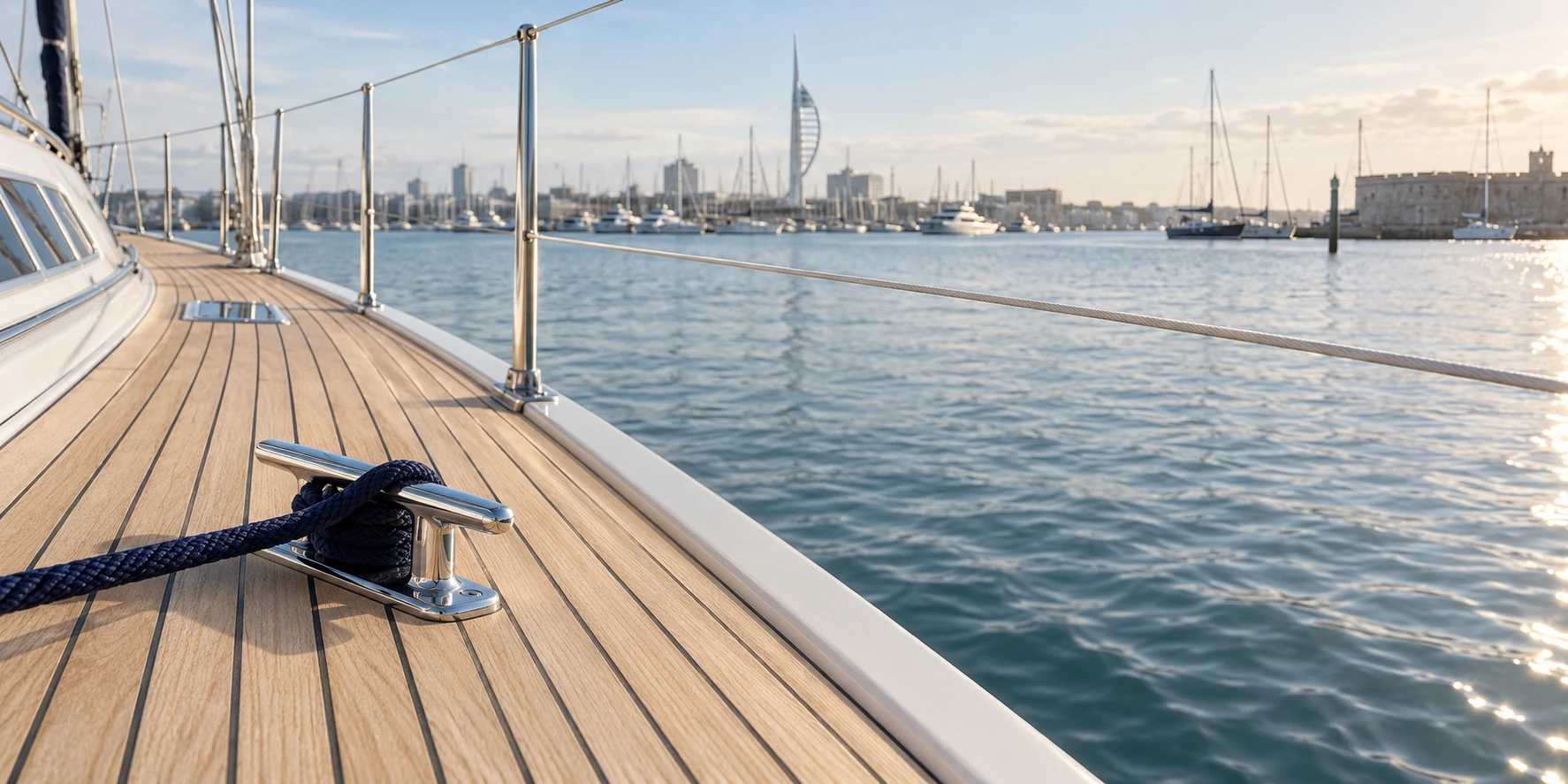 Illustrative clean yacht deck and neatly secured mooring line