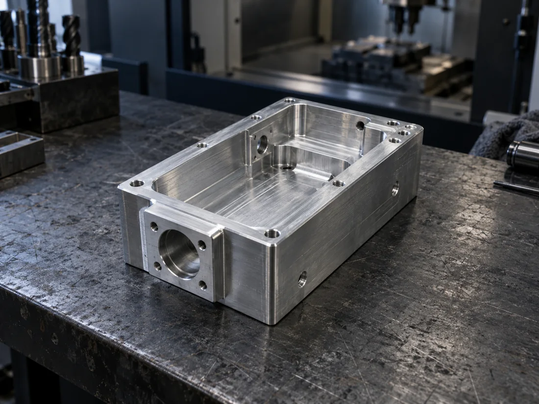 Machined aluminium housing on a workshop bench