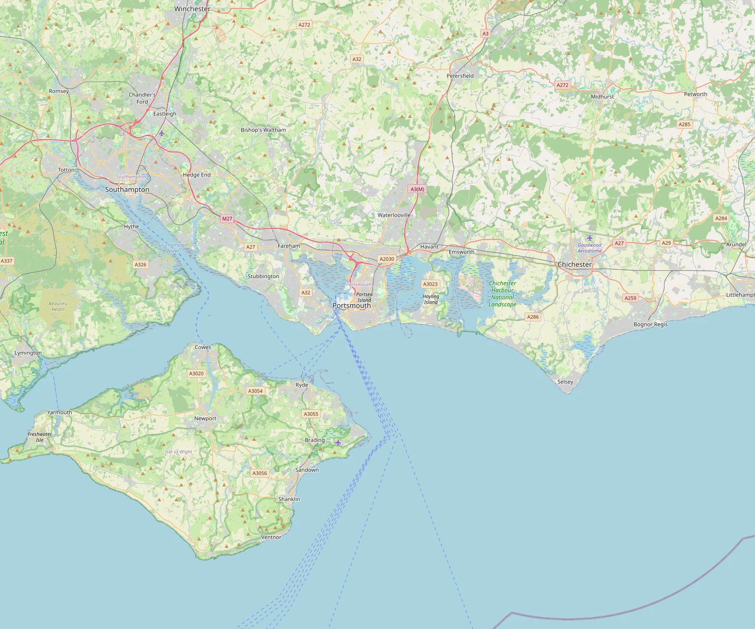 Map of the Solent coastline, from Southampton to Chichester and Selsey