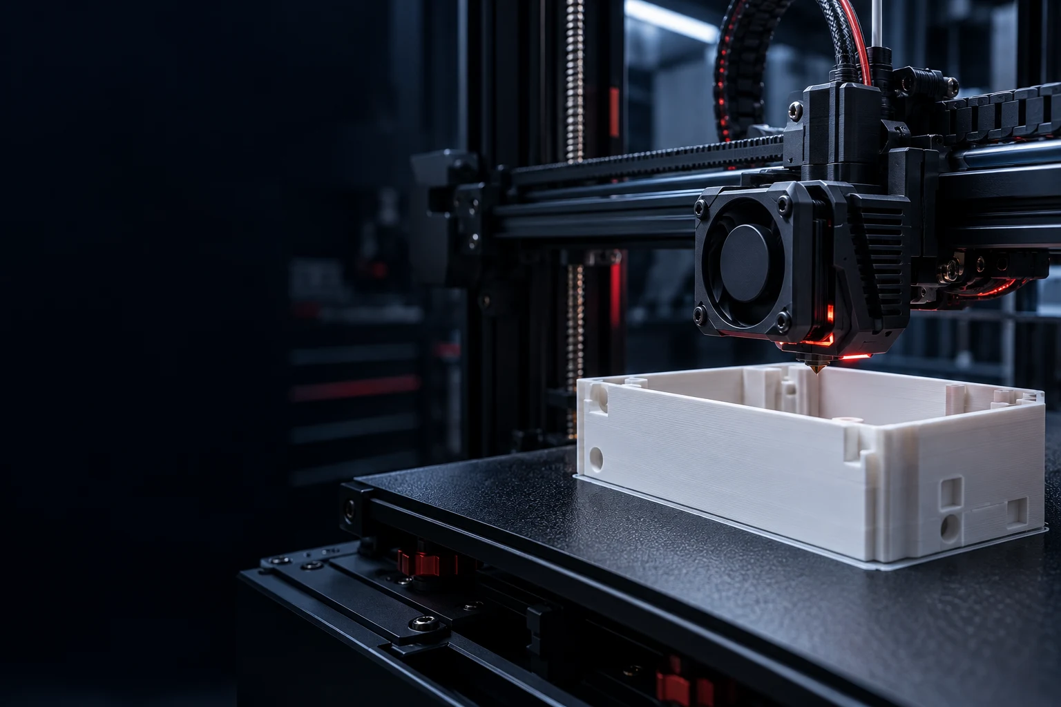 3D printer producing a white functional enclosure