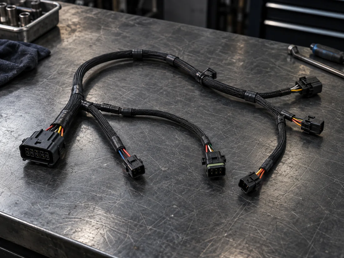 Multi-branch sleeved wire harness with connectors on a workshop bench