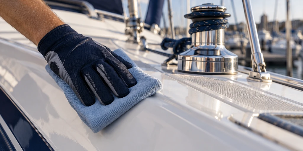Illustrative gloved hand cleaning a yacht surface with a cloth
