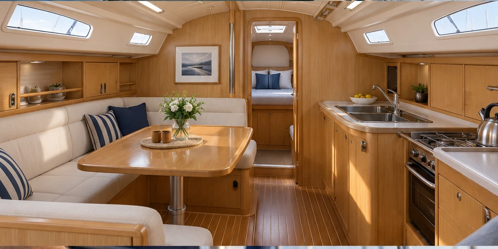 Illustrative clean yacht cabin with timber finishes and cream seating