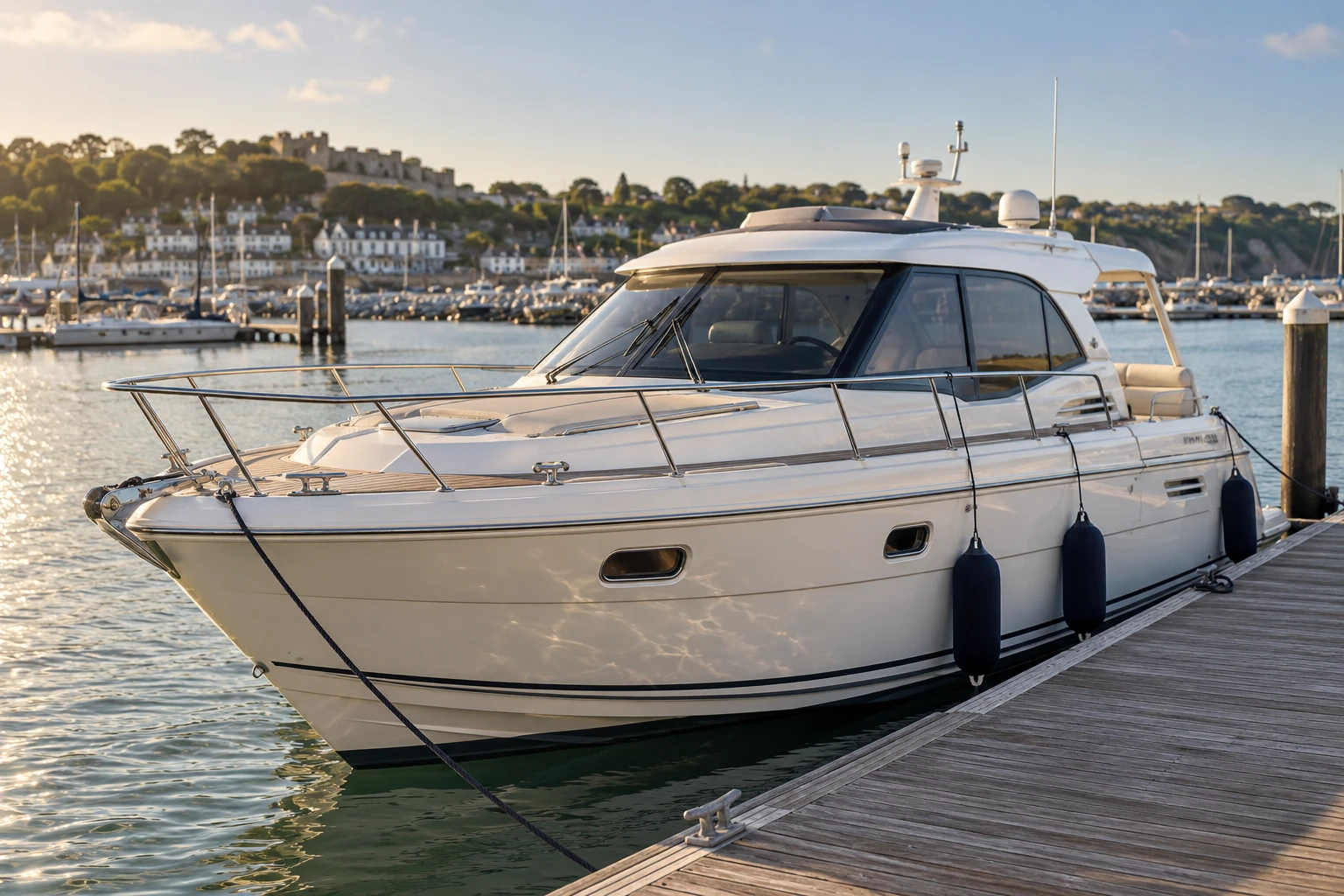 Illustrative motor yacht secured alongside a marina pontoon
